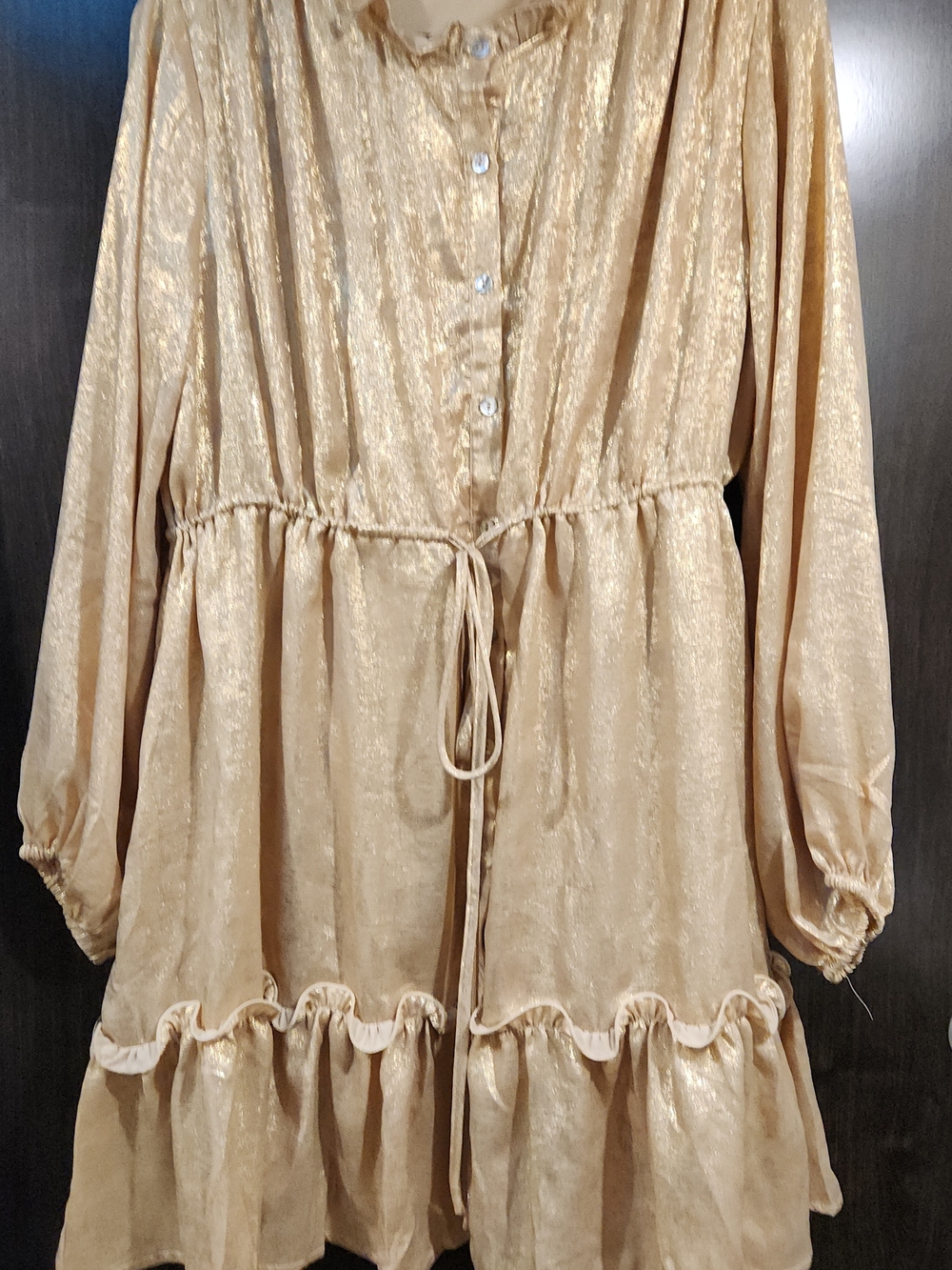 JODIFL Metallic Gold Ruffle-Hem Drawstring Dress